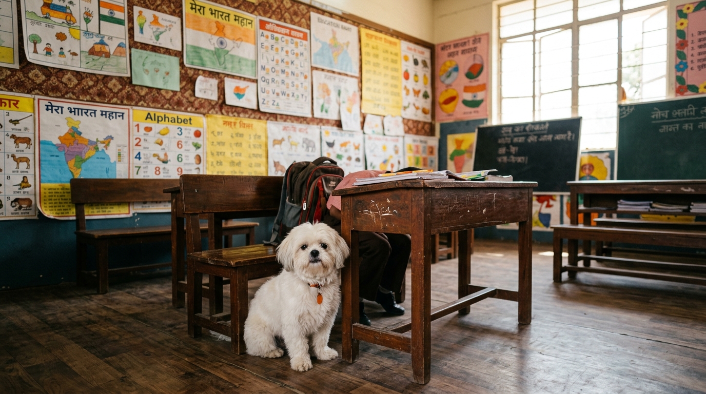 Un petit chien blanc assis sagement à côté d'un bureau dans une classe