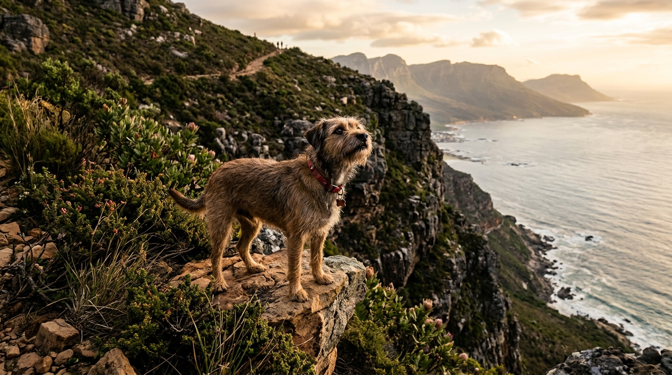 Un chien immobilisé sur une corniche escarpée le long de la Montagne de la Table.
