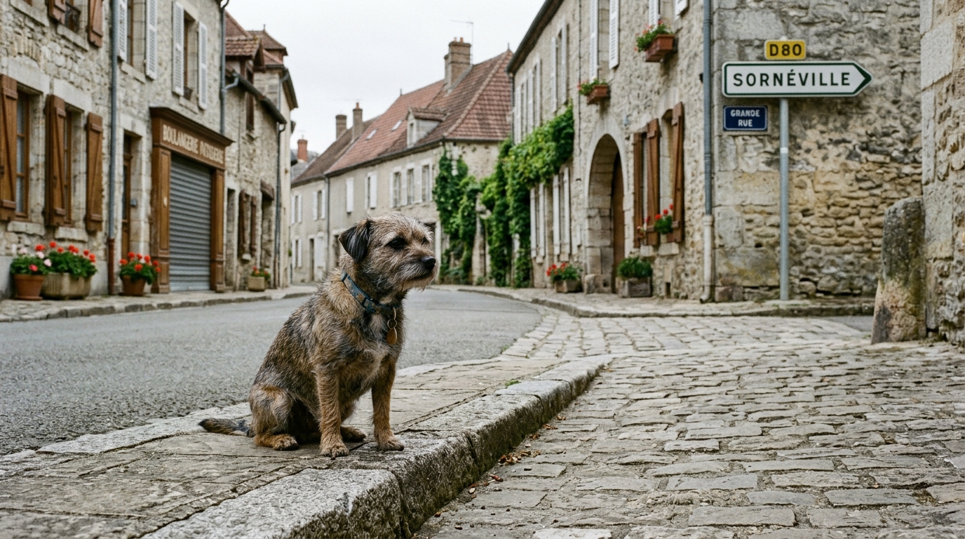 Un petit chien attentif assis au bord d'une rue traversant un village calme.