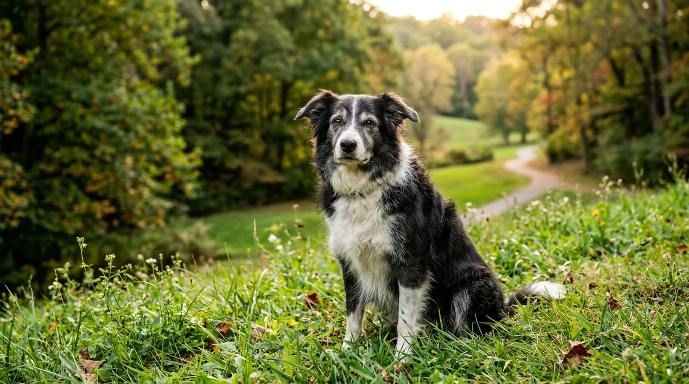 Un Border Collie assis dans un parc verdoyant