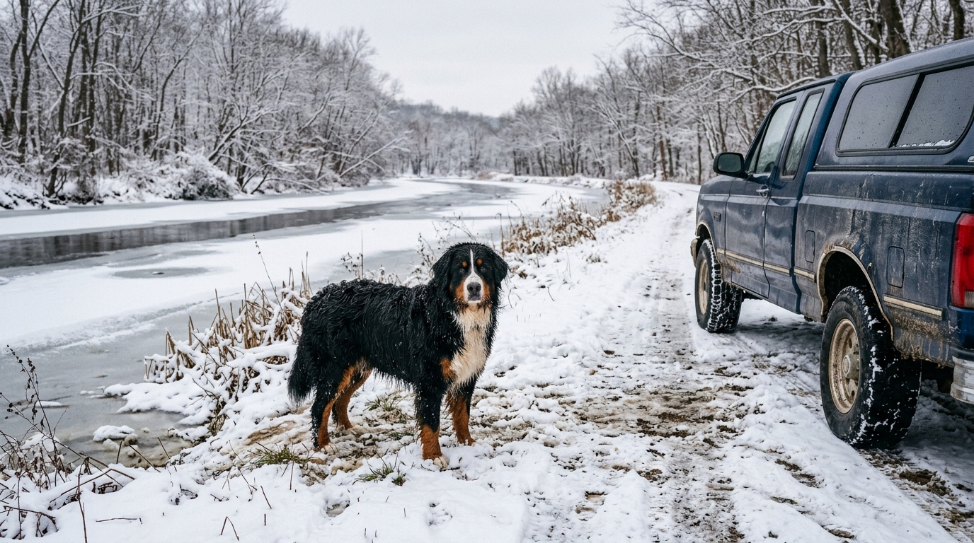 Un Bouvier Bernois au bord d'un canal gelé sous la neige
