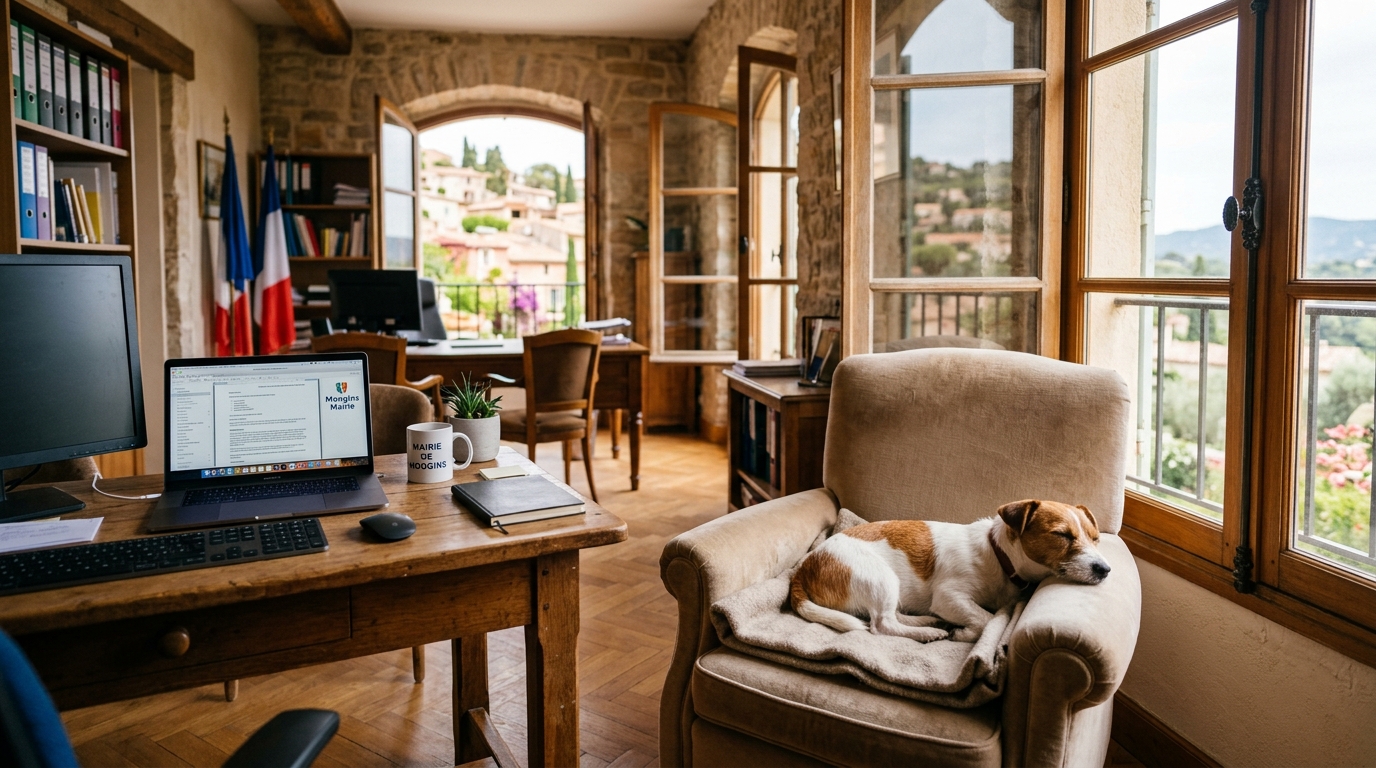 Un chien Jack Russell tranquillement installé sur un fauteuil dans un bureau de mairie lumineux.