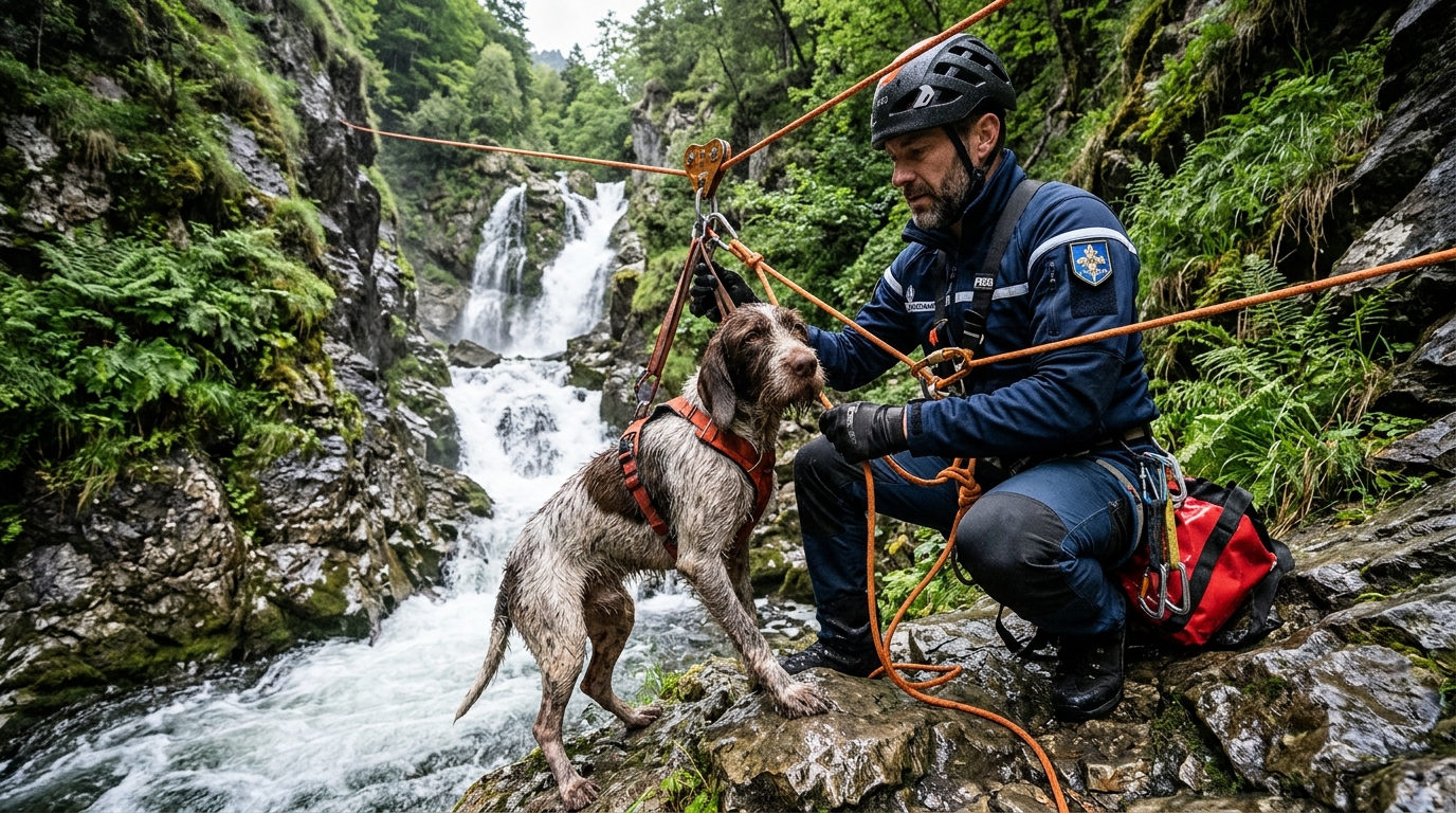 Un chien de chasse secouru dans les Pyrénées par des gendarmes de haute montagne.