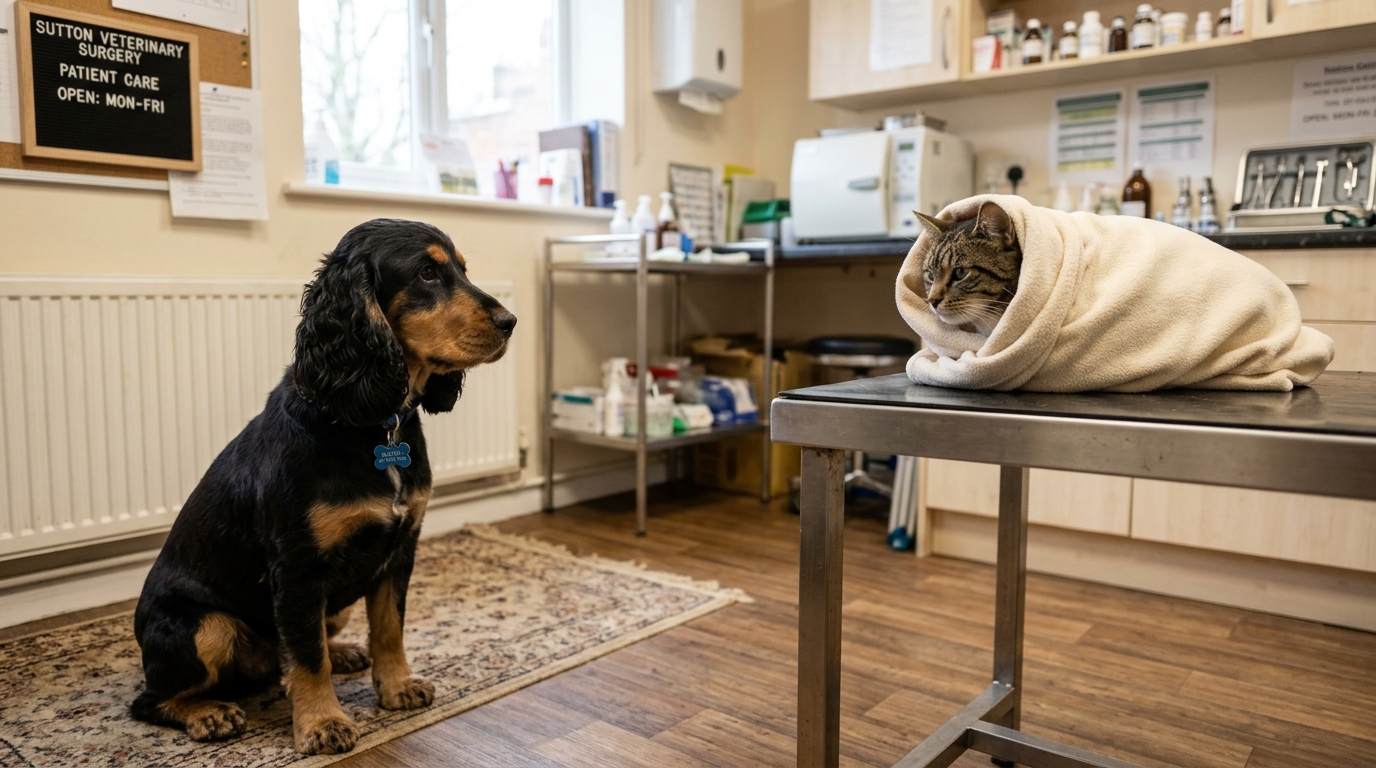 Un cocker spaniel calme assis près d'une chatte convalescente dans un cabinet vétérinaire.