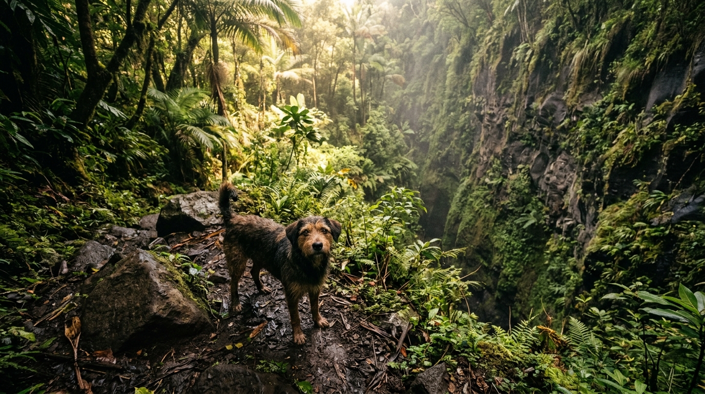 Illustration d'un chien au fond d'une ravine tropicale à La Réunion.