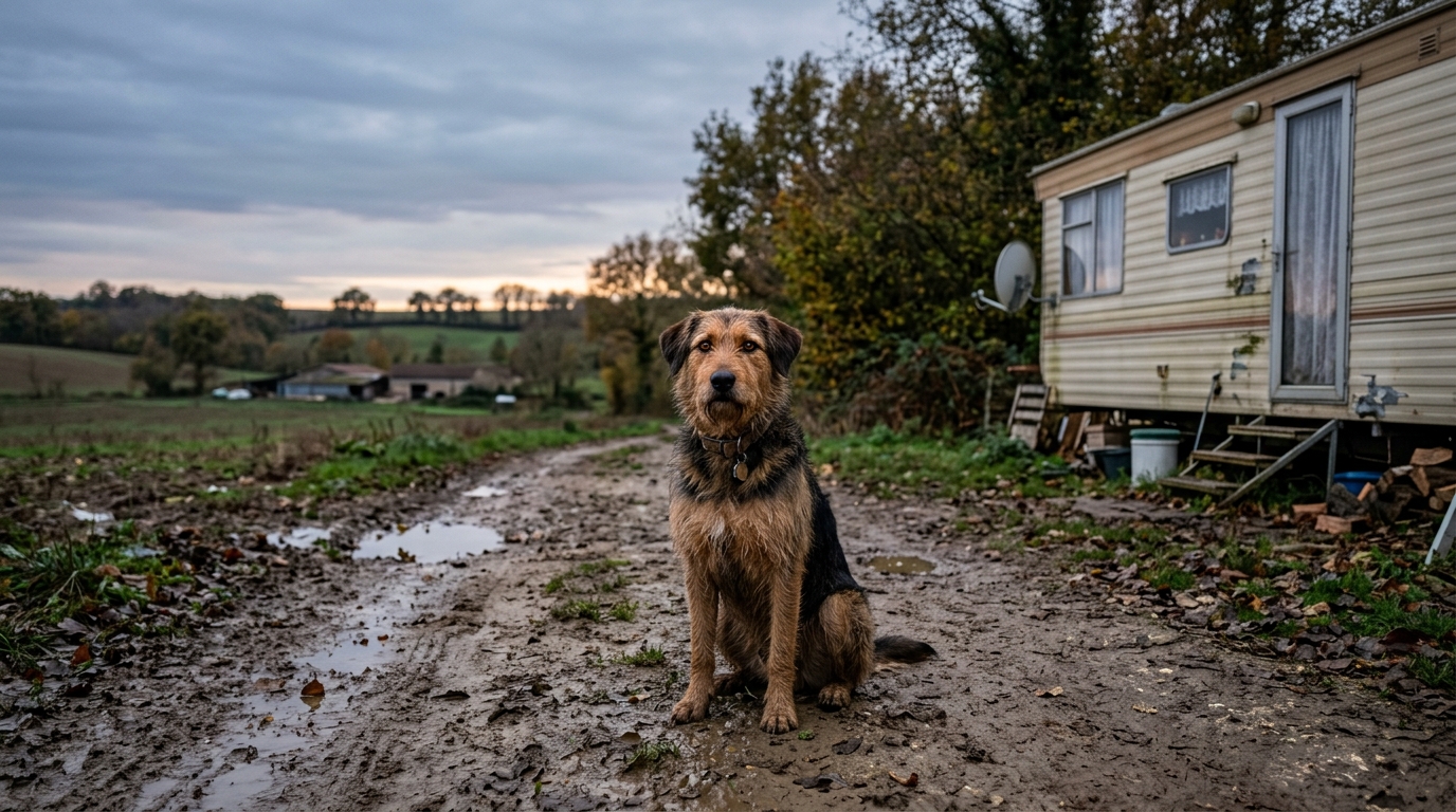 Un chien croisé assis seul sur un chemin de terre à la campagne près d'un mobil-home