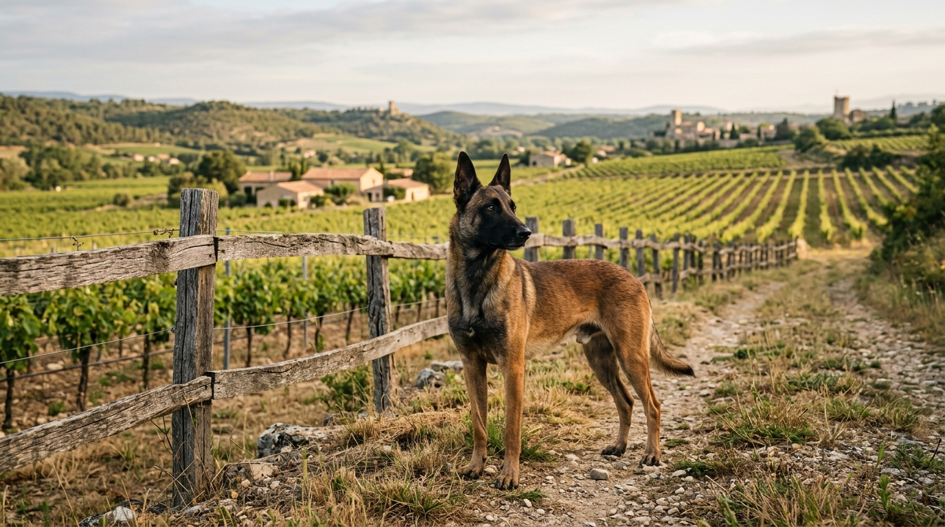 Un chien croisé Malinois debout près des rangs de vignes dans le Gard en France.