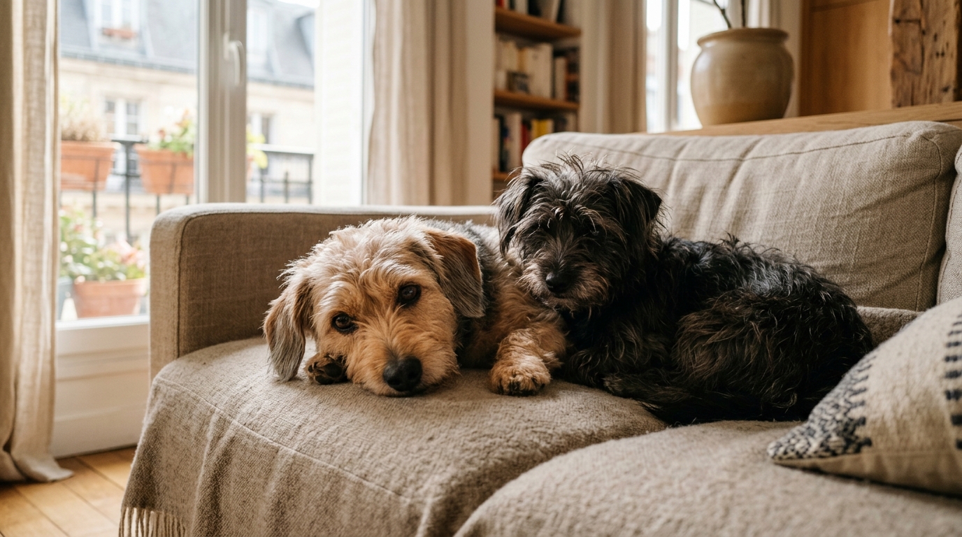 Un petit chien croisé Teckel et Caniche âgé se reposant doucement sur un canapé confortable