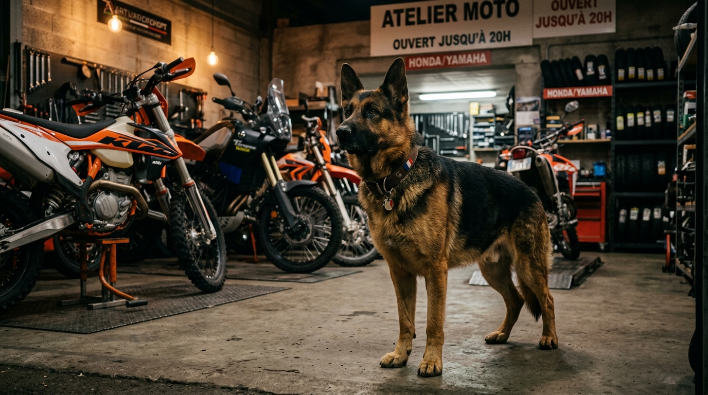 Un chien de garde vigilant debout près de véhicules dans un magasin en France.