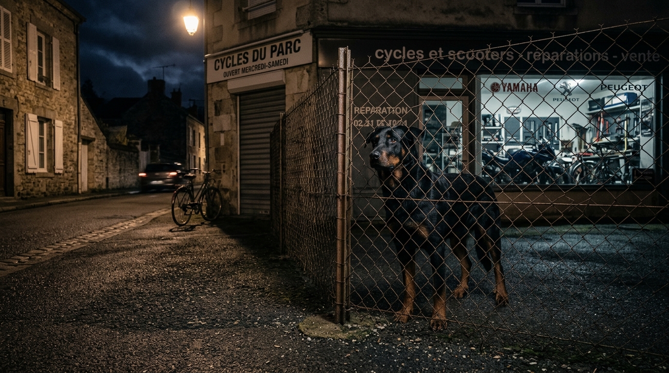 Un chien de garde au pelage sombre surveillant la cour d'un magasin de motos la nuit en Normandie.