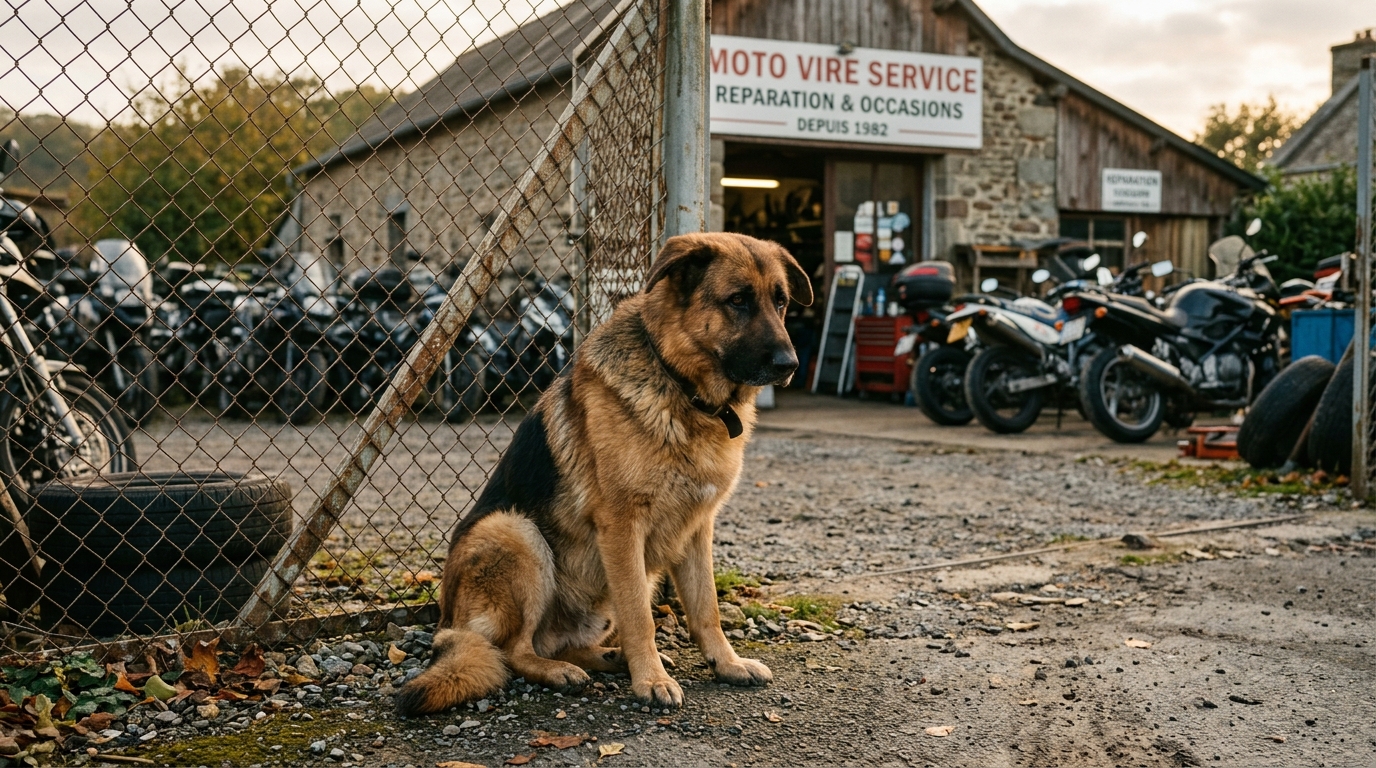 Un chien de garde triste devant une grille de magasin à Vire en Normandie