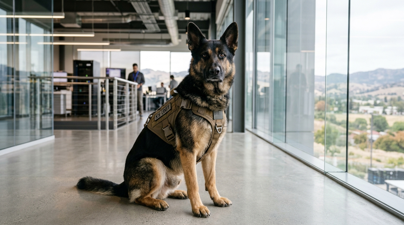 Un chien berger allemand portant un équipement tactique dans un laboratoire technologique.