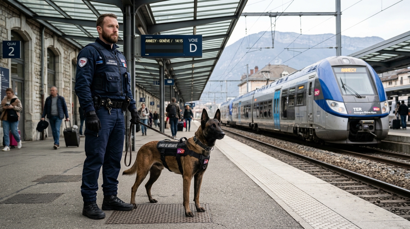 Un chien de sécurité de berger allemand au côté de son maître en uniforme dans une gare ferroviaire française