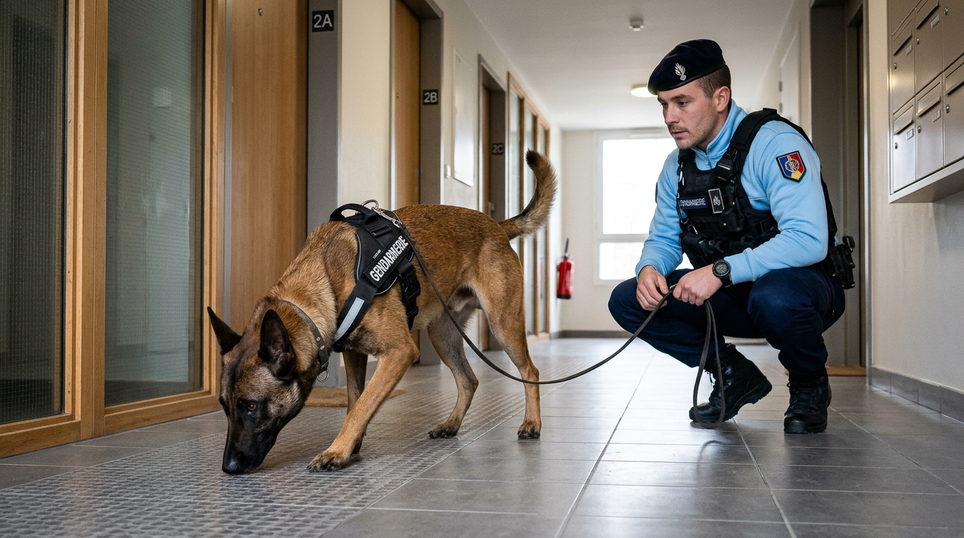 Un chien détecteur et un gendarme français lors d'une inspection dans un quartier à Sablé-sur-Sarthe.