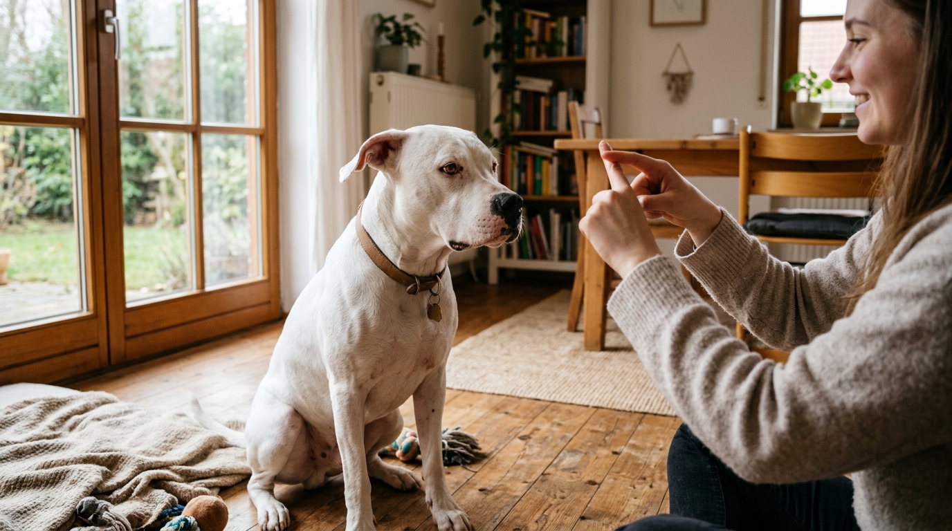 Grand Dogue Argentin blanc écoutant attentivement les gestes de sa maîtresse