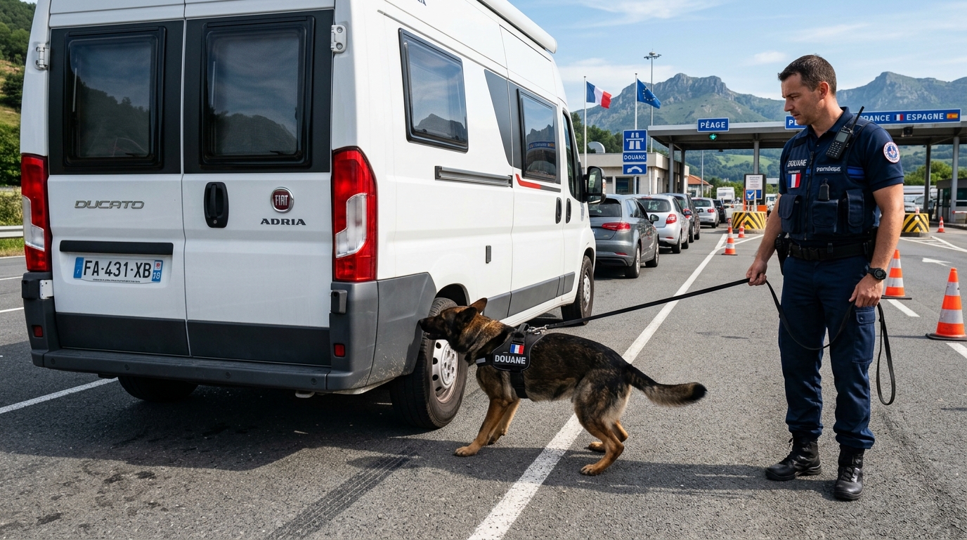 Un chien douanier en action lors d'un contrôle à la frontière près d'un camping-car.