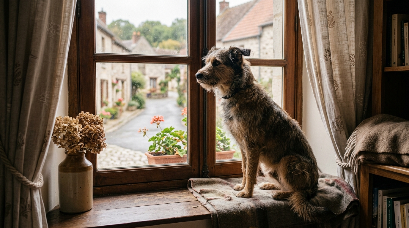 Un chien assis attentivement près d'une fenêtre dans une maison.