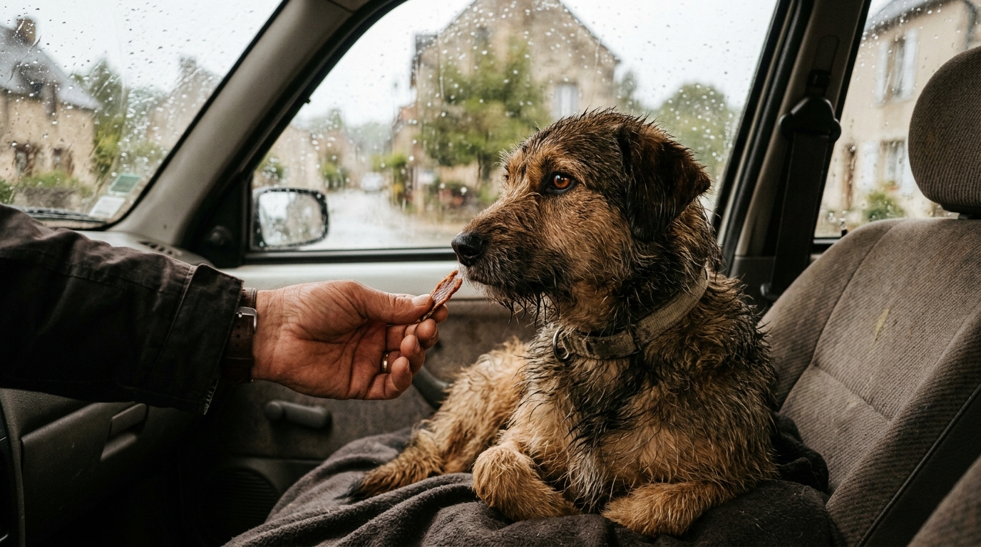 Un chien errant trempé abrité à l'intérieur d'une voiture pendant une averse.