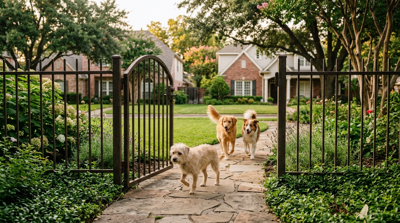 Un petit chien blessé qui suit d'autres chiens dans un jardin vert à Dallas