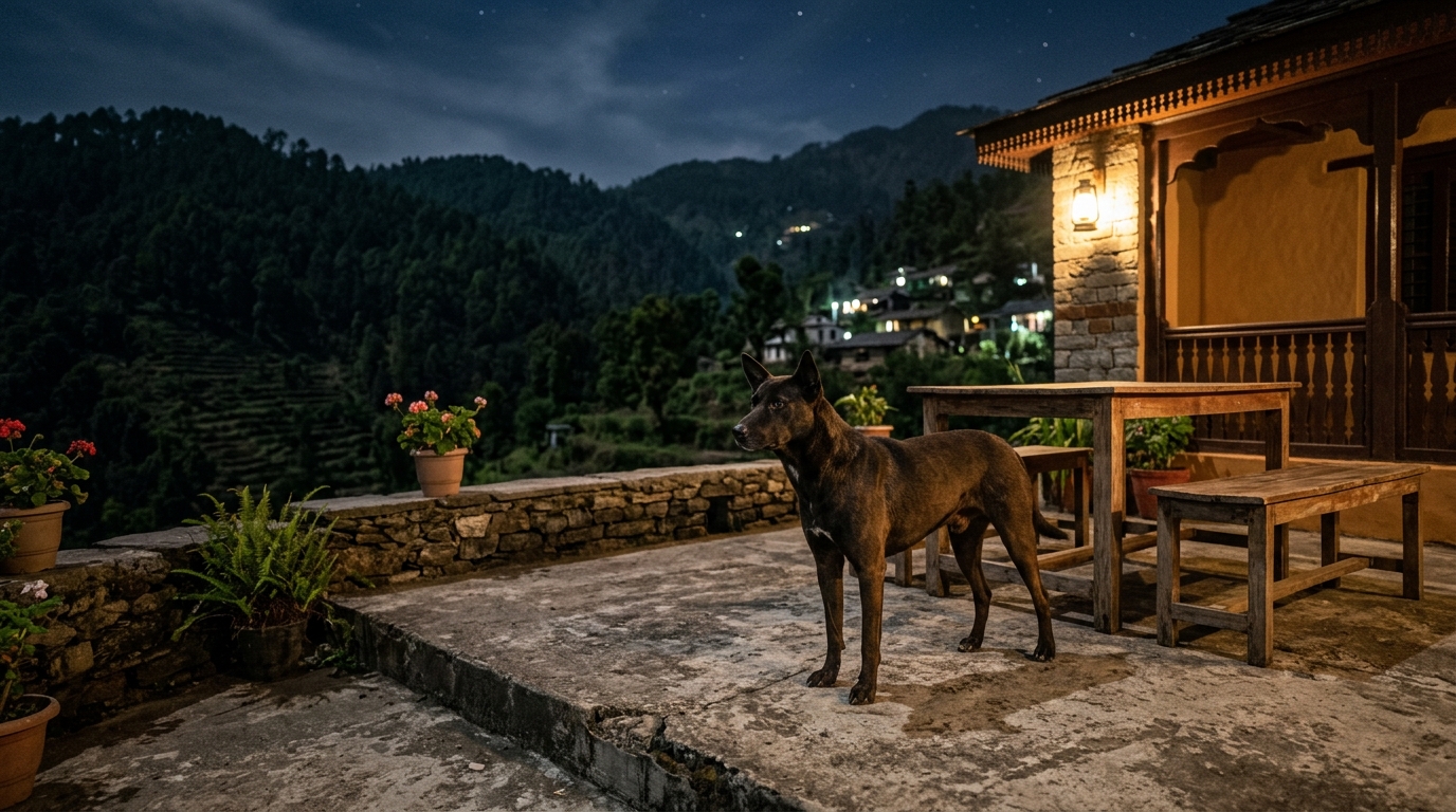 Un chien noir et marron debout dans une cour en Inde observant la nuit