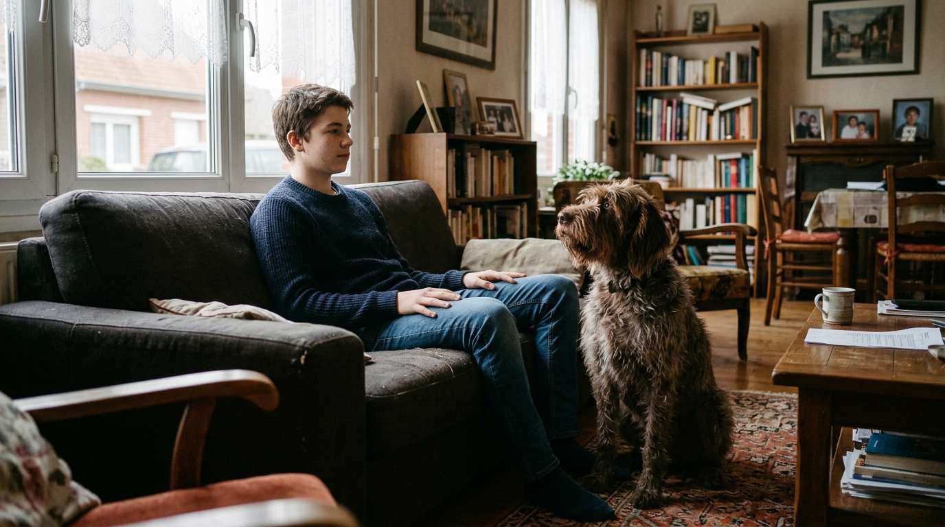 Un chien attentif assis dans un salon chaleureux à côté d'un adolescent.