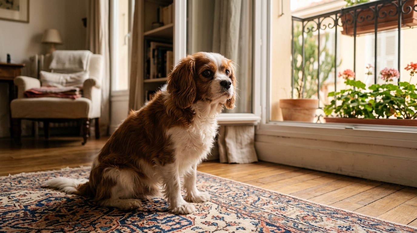 Un petit chien assis tristement sur un tapis dans un salon à Nice