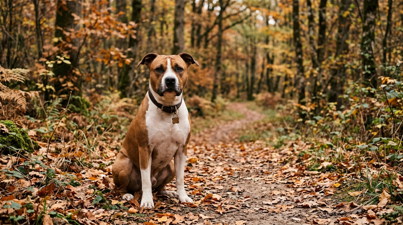Un chien American Staffordshire Terrier assis au bord d'un chemin forestier automnal.