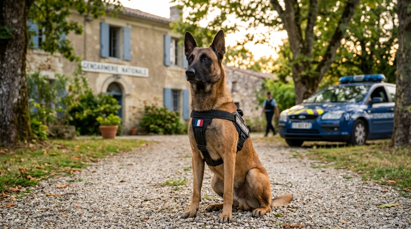 Un berger malinois assis près d'un véhicule de gendarmerie en Charente-Maritime.