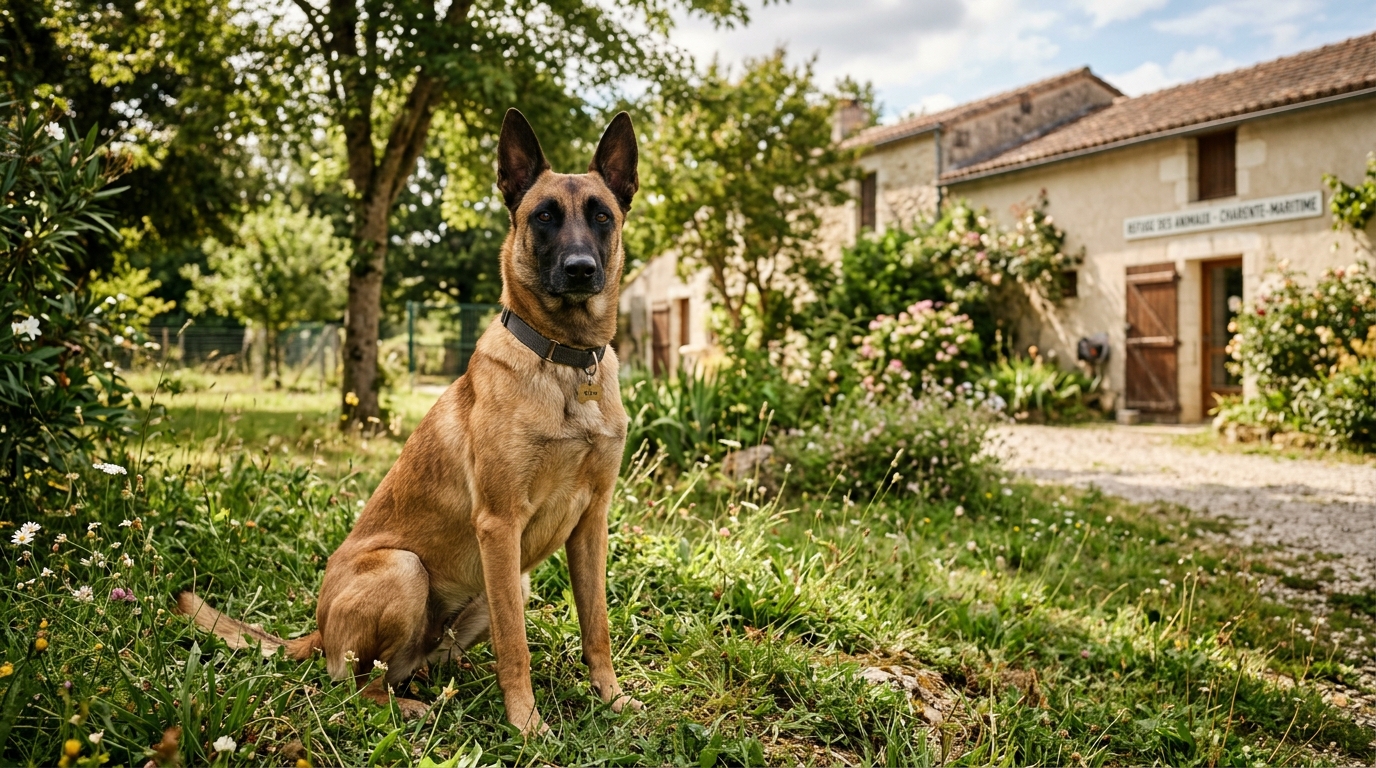 Un berger belge malinois attentif assis à l'extérieur près d'un refuge
