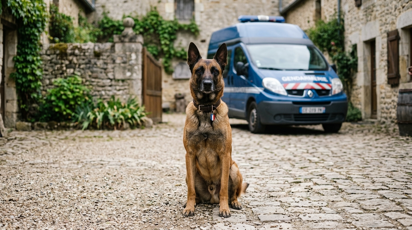 Un chien Berger Malinois assis calmement dans une cour de gendarmerie française
