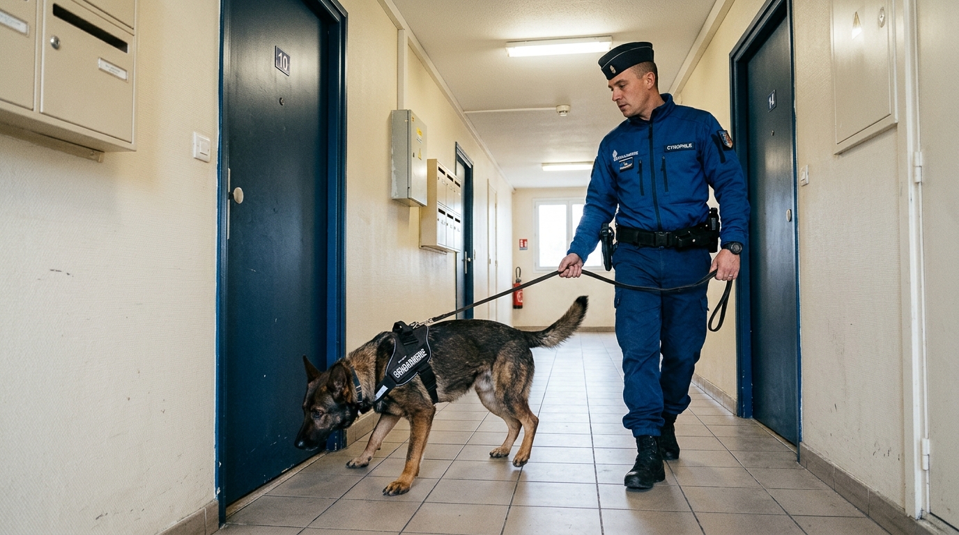 Un chien de la gendarmerie en pleine recherche de produits illicites dans un bâtiment.