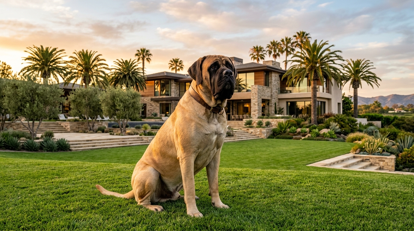 Un grand chien assis dans le jardin d'une vaste propriété en Californie