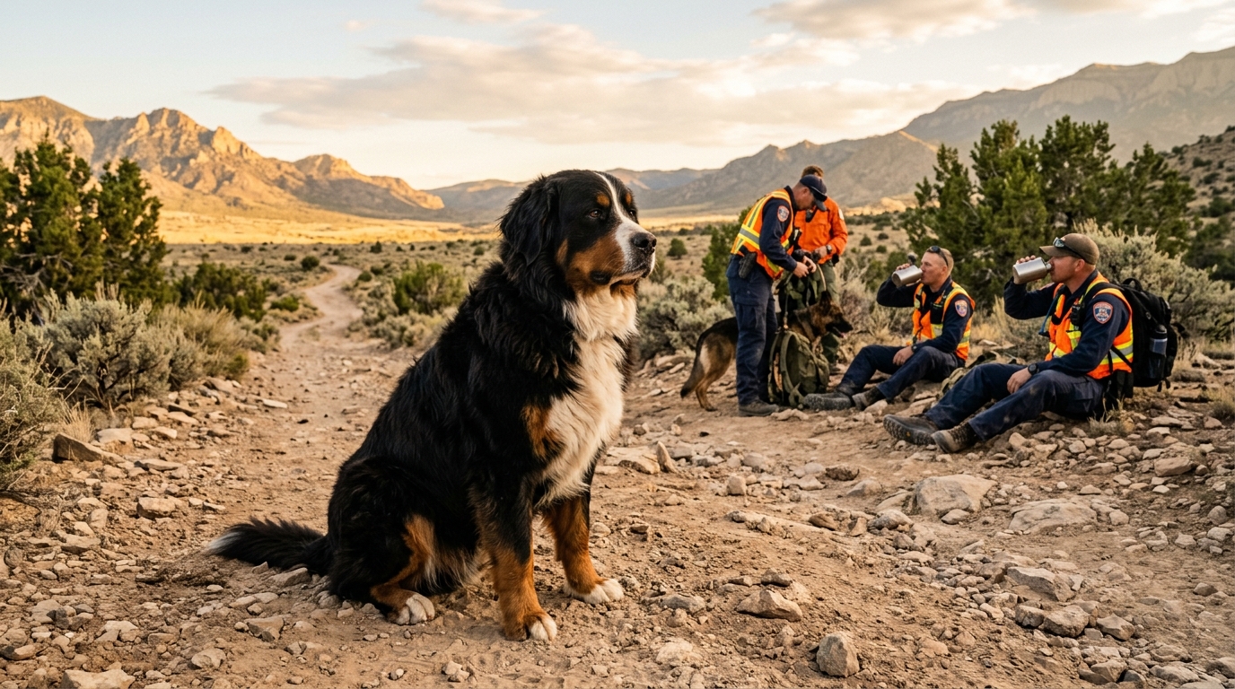 Un grand chien assis au repos sur un sentier de randonnée en montagne