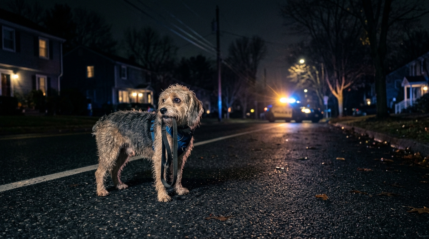 Un petit chien avec sa laisse sur la route la nuit devant une voiture de police