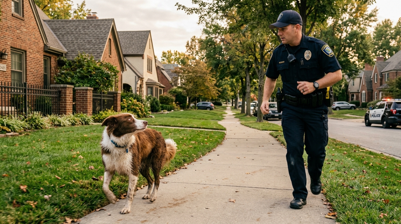 Un chien guidant un policier le long d'un trottoir résidentiel.