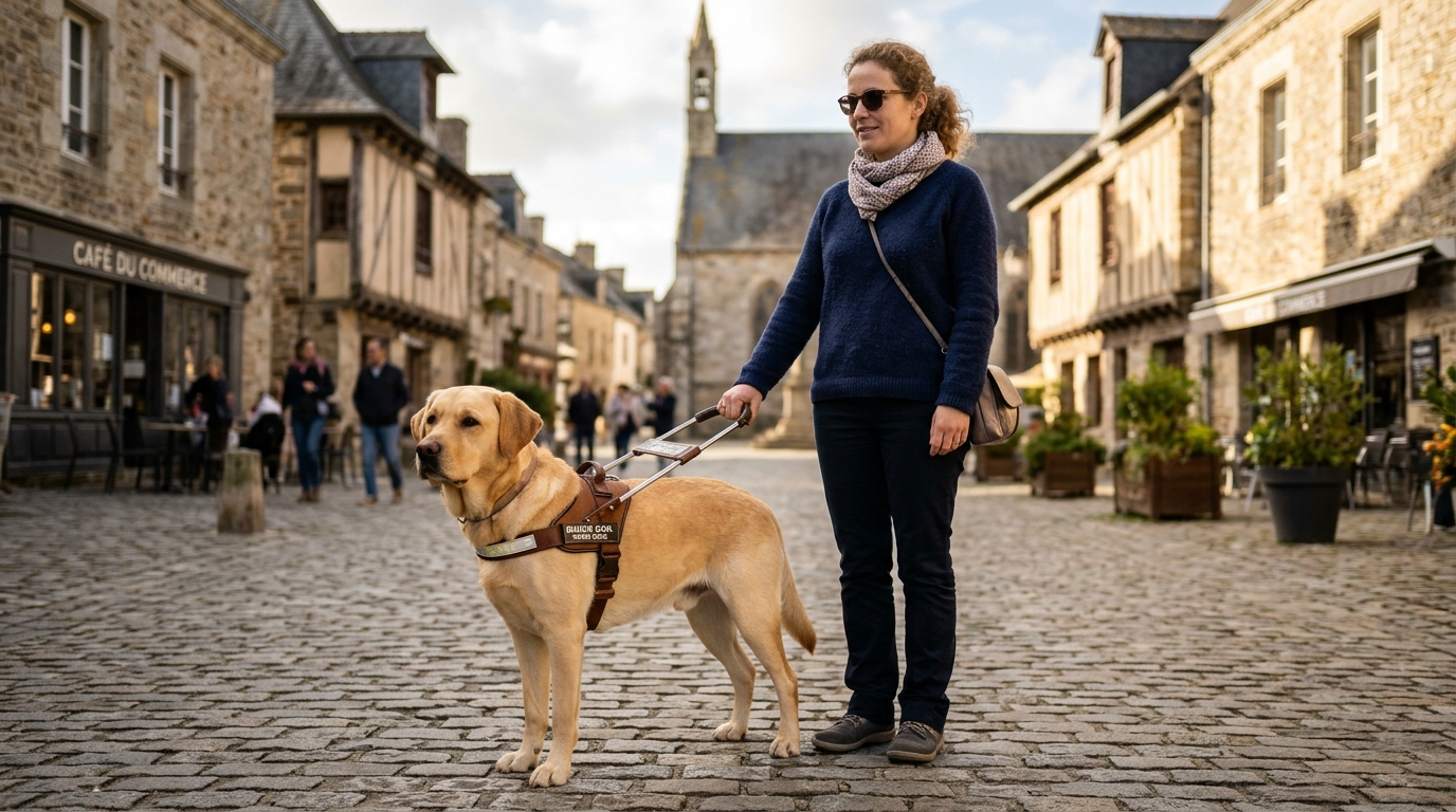 Un chien guide d'aveugle labrador portant un harnais officiel dans une rue de Bretagne.