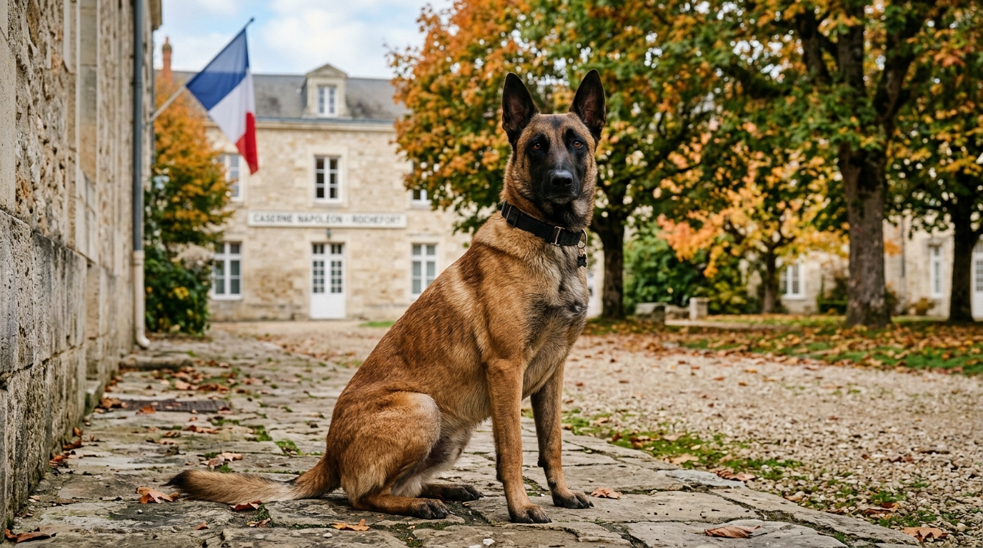 Un chien berger malinois au regard attentif assis dans une cour à Rochefort