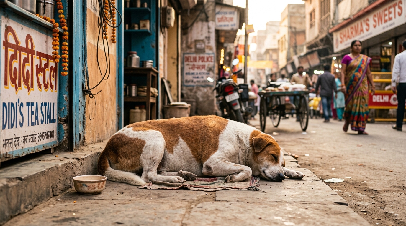 Un grand chien marron et blanc assis sereinement dans une rue animée de New Delhi