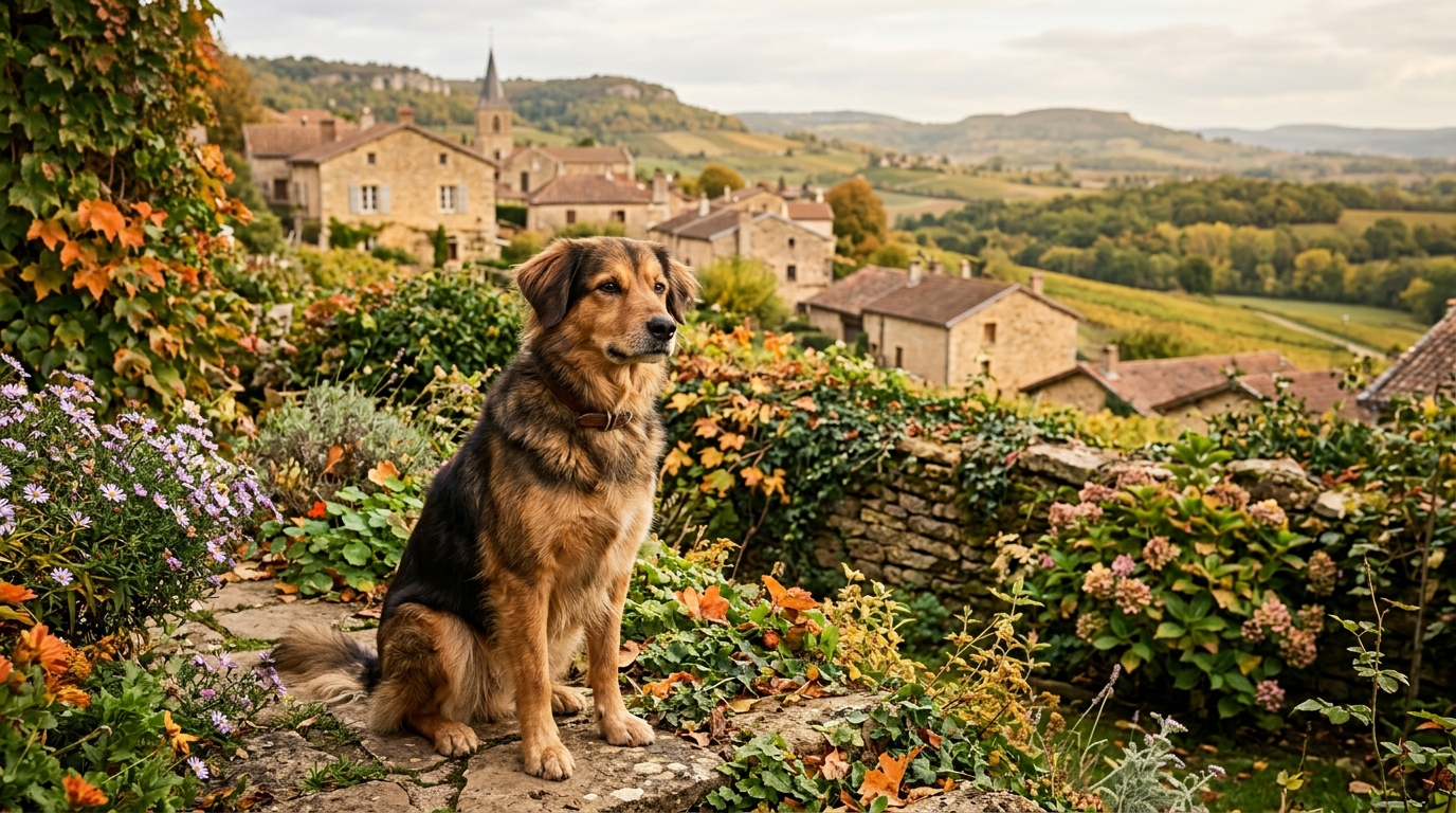 Un chien observant calmement depuis un jardin dans le village de Lugny en Saône-et-Loire.