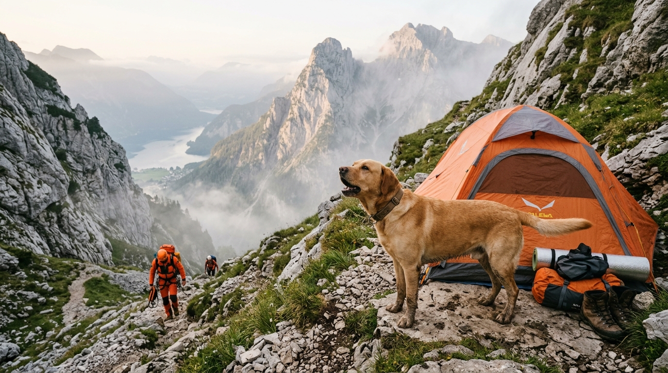 Un labrador fidèle près d'un randonneur secouru en montagne