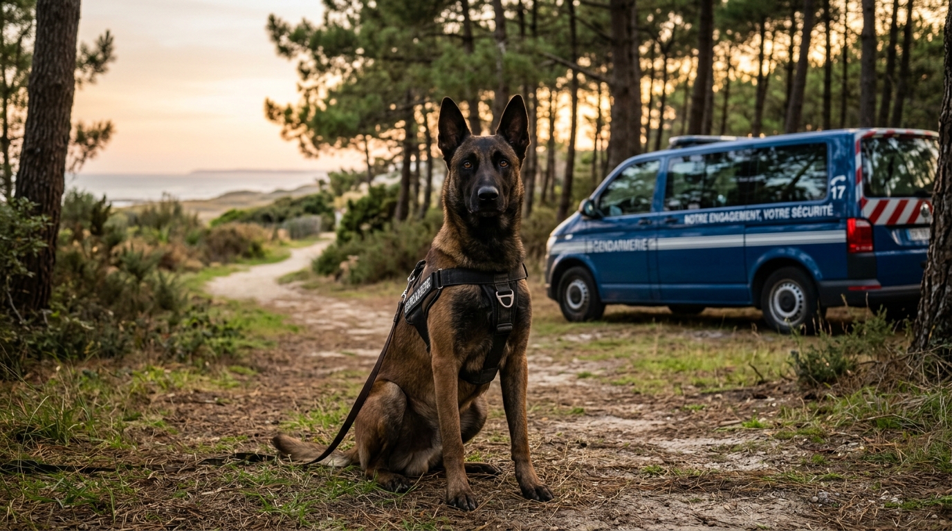 Un berger Malinois assis fidèlement au coucher du soleil en Charente-Maritime.