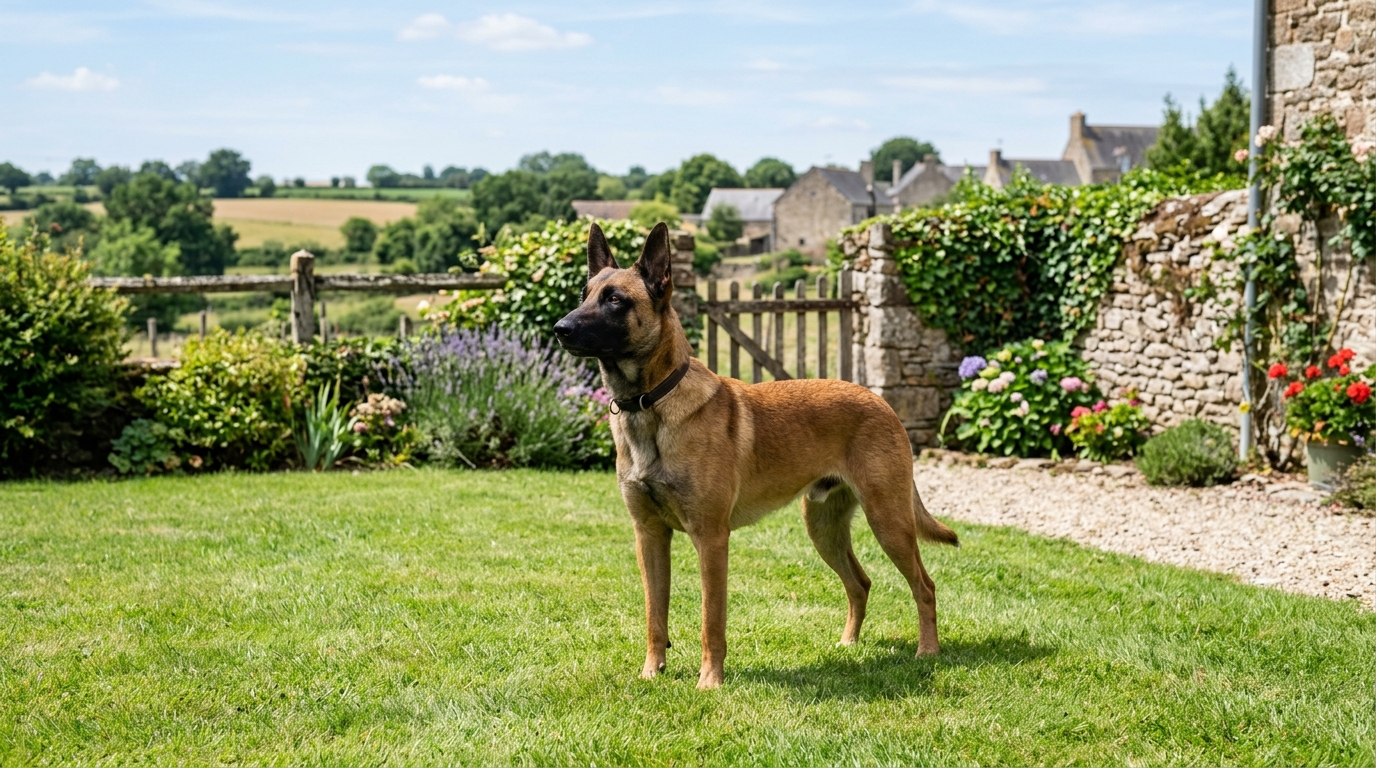 Un chien malinois attentif dans un jardin résidentiel en Loire-Atlantique.