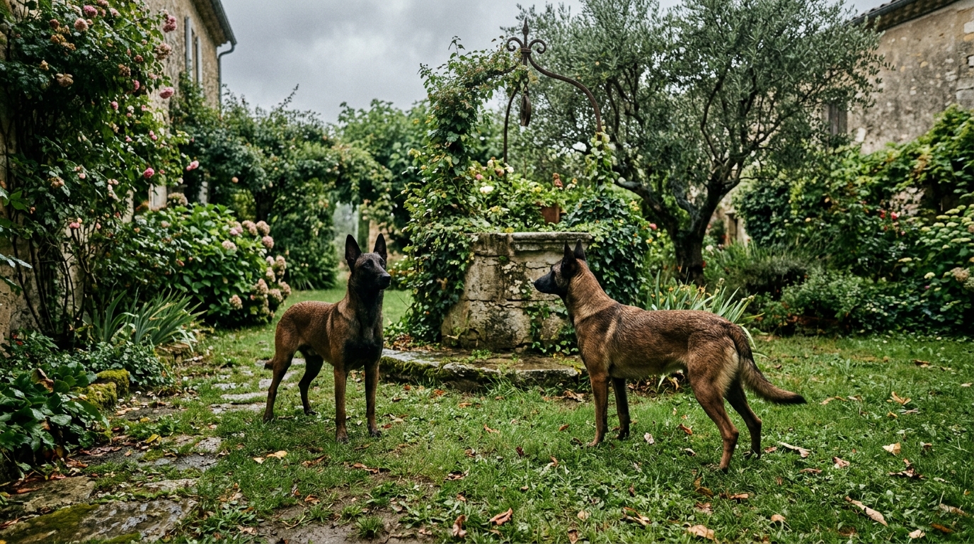 Deux chiens malinois à l'arrêt dans un jardin verdoyant sous la pluie en Occitanie.