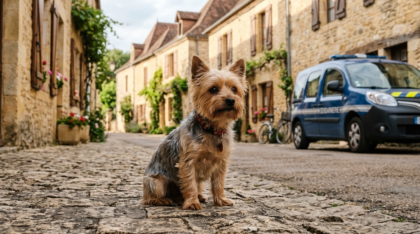 Un petit chien yorkshire aperçu près d'un véhicule de gendarmerie en France