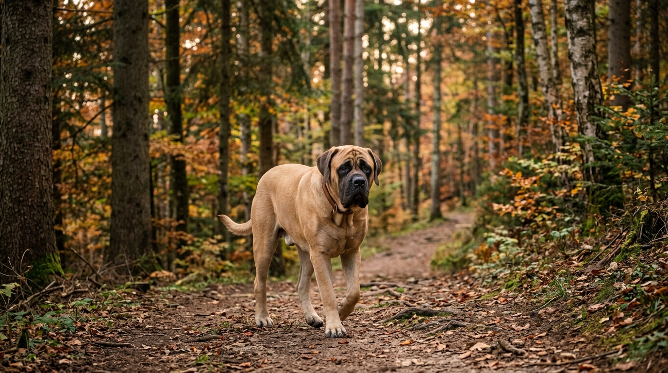 Un grand chien de race mastiff sur un sentier en Alsace au Hohwald.