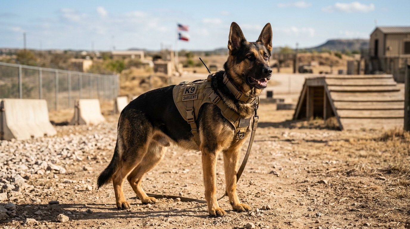 Un chien de travail d'élite équipé d'un harnais tactique dans une base militaire au Texas
