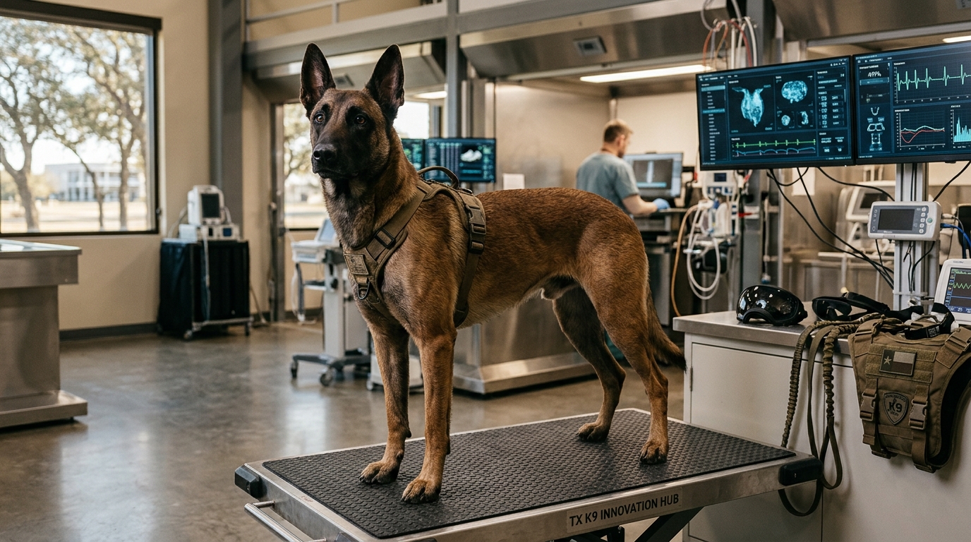 Un berger malinois debout dans un laboratoire de pointe aux États-Unis.