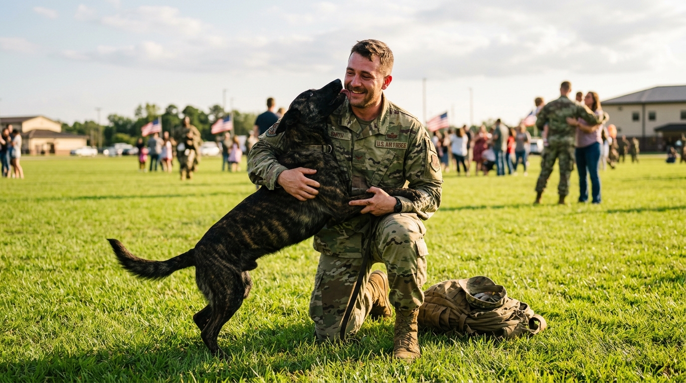 Un Berger Hollandais militaire câlinant joyeusement son maître en uniforme.