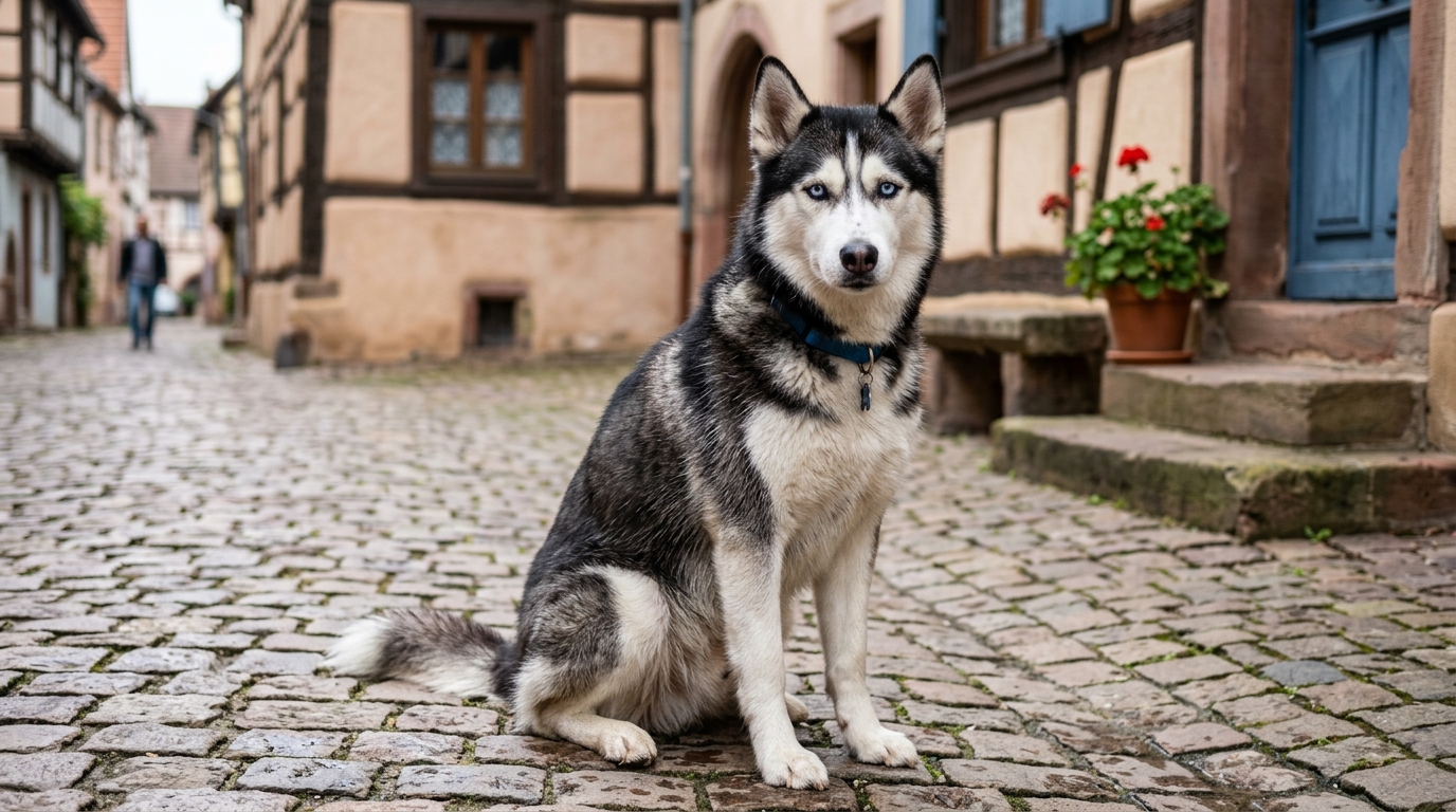 Un jeune chien nordique sibérien assis calmement dans une rue alsacienne.