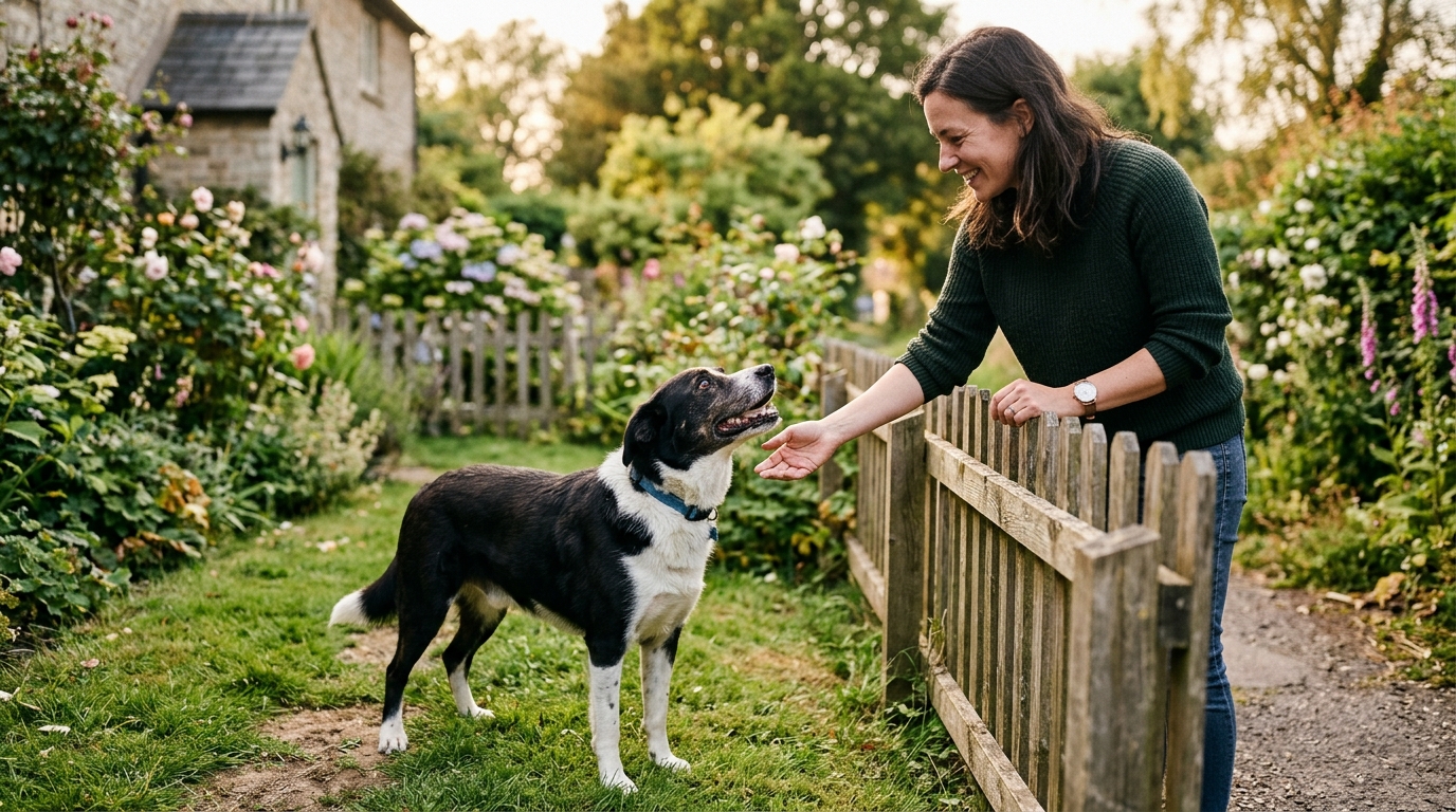 Un chien noir et blanc attaché dans une cour observant une personne s'approcher avec bienveillance.
